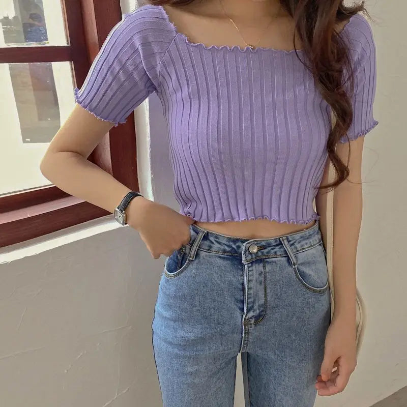 Off The Shoulder Top Women Knitted Sexy Short Sleeve Slim Fit T-Shirts Crop Top Y2k Top Summer Clothes Korean Casual Tees Female