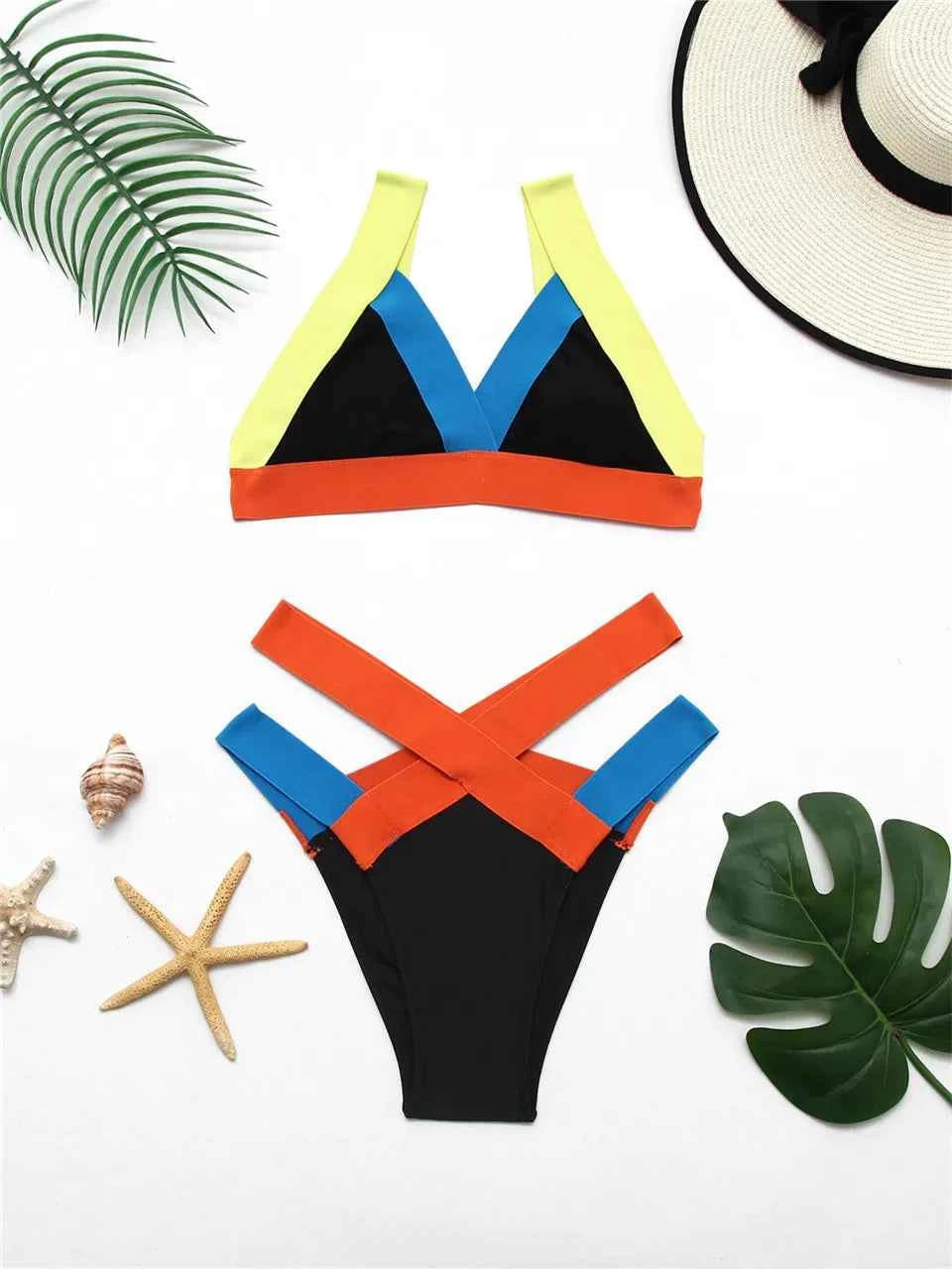 2025 High Waist Bikini Straped Swimsuit Block Color Women Solid Swimwear Female Bathers Bathing Swimming Suit Beachwear Summer