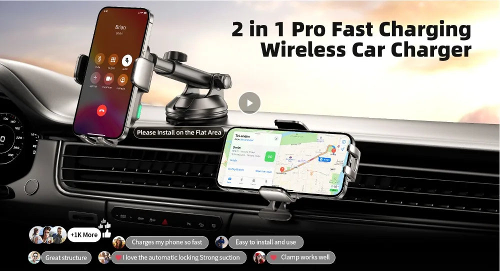 15W Car Phone Holder Wireless Car Charger Dual Coil Dash Vent Windshield Auto Clamping Charging Phone Holders for iPhone S24/S23