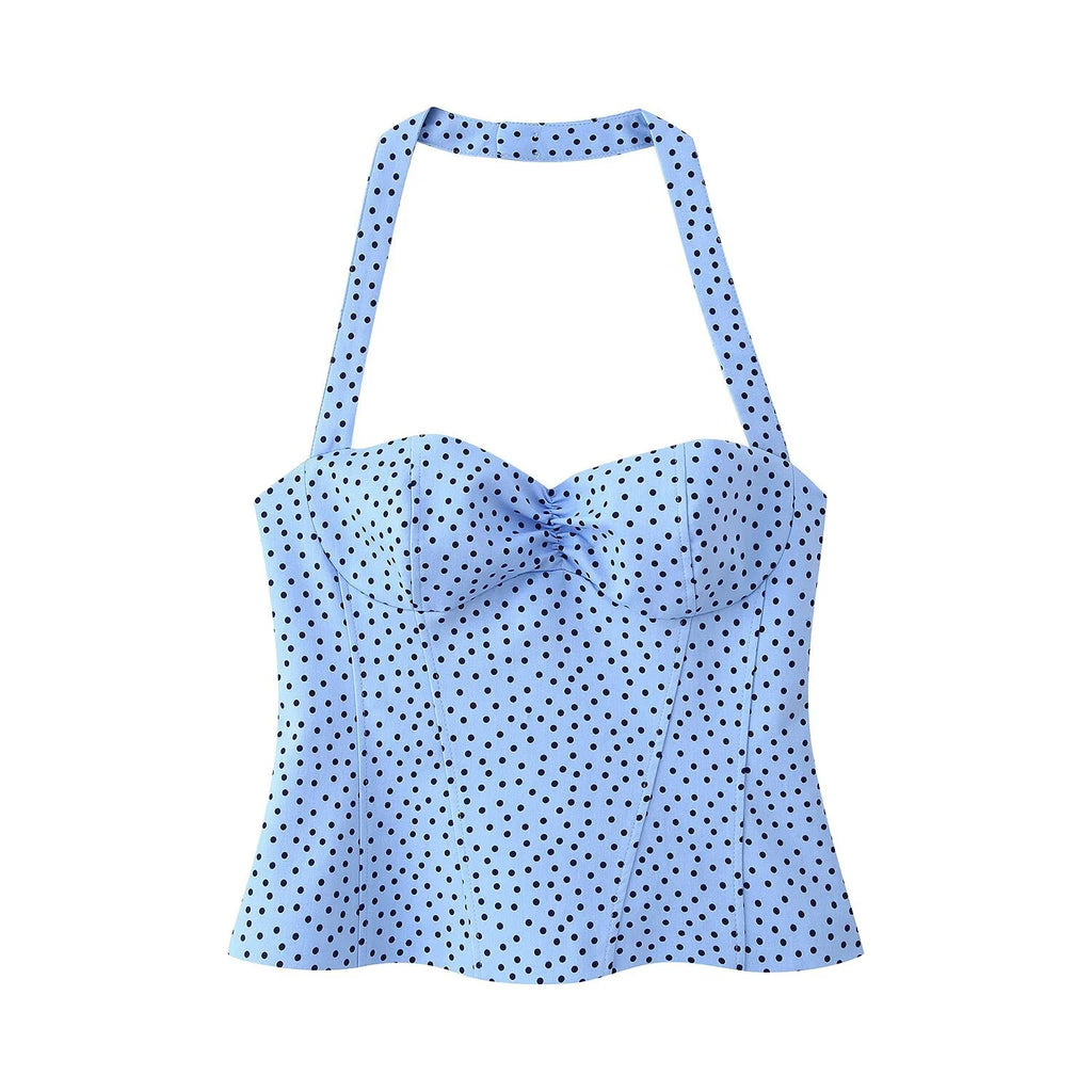 DEEABAE 2026 summer French style hanging neck polka dot camisole vest for women slim fit and slimming ruffled edge sexy top