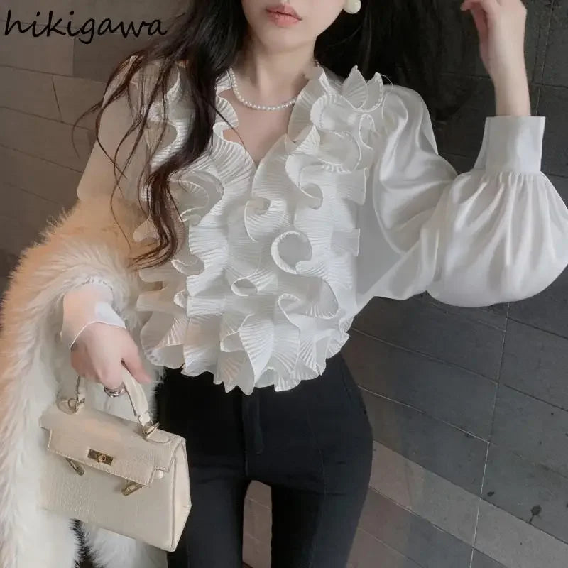 Temperament Lady Tops Blouses for Women V-neck Long Sleeve White Shirts 2025 Blusas Mujer De Moda Ruffles Loose Summer Blouse