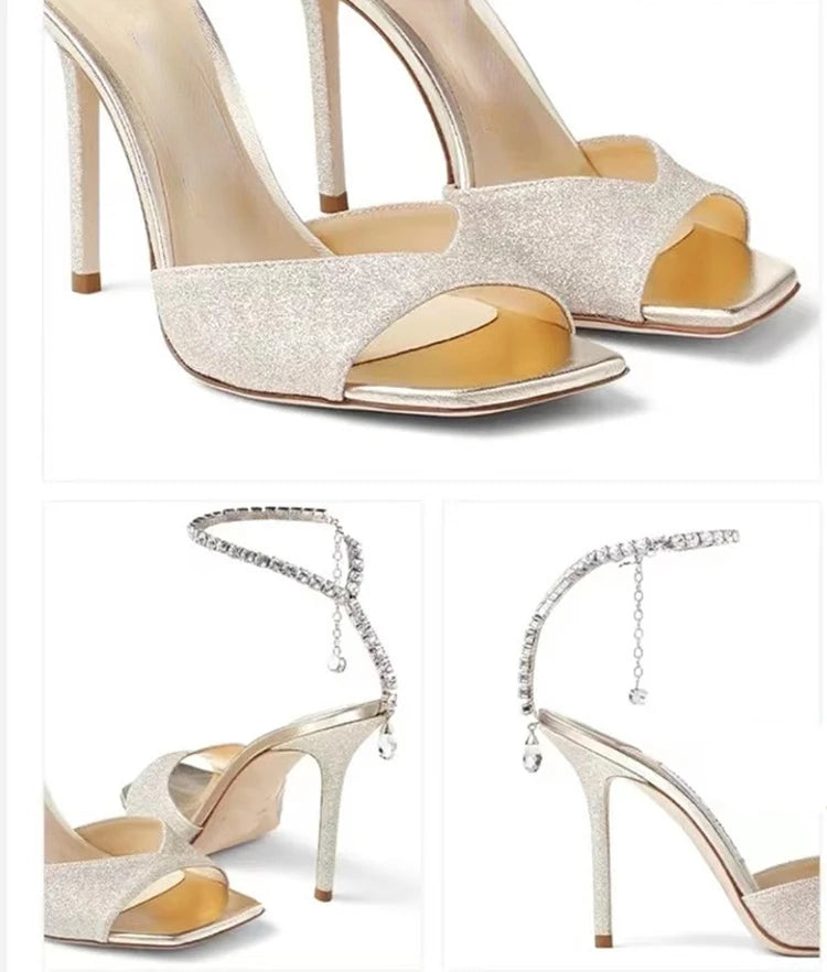 Colorful Chain Water Diamond Sandals Brand Walk Show Fish Mouth Evening Dress Elegant High Heels 2023 New Pendant Women's Shoes