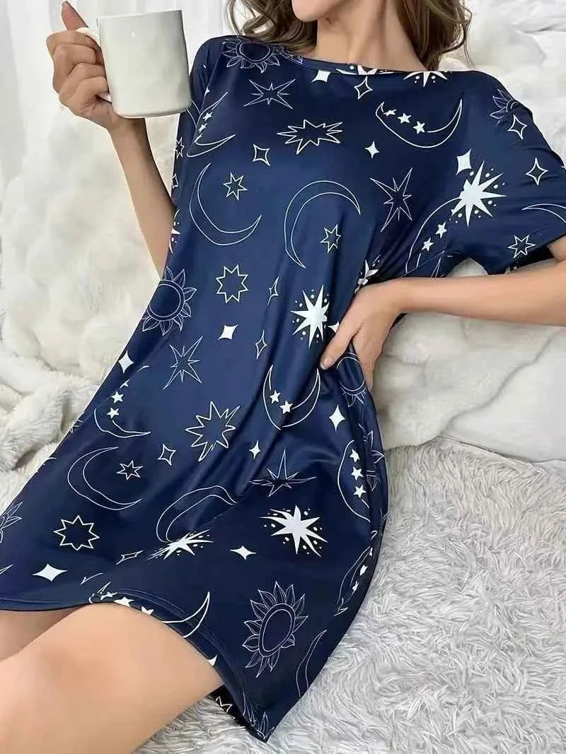 Women's Nightgown Summer Short Sleeve Sleep Shirt Round Neck T-shirt Dress Soft Nightdress Home Clothes Sleepwear & Loungewear