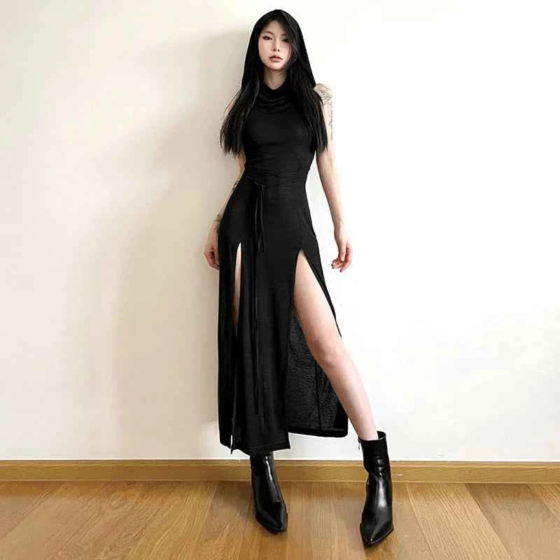 Summer 2023 Sexy European And American Style Sleeveless Hooded Dress Long Split Hollow out Pure Color Women's Gown