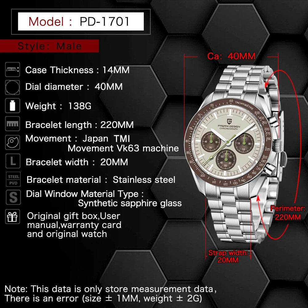 Men's Vintage Quartz Chronograph Watch Sapphire Crystal