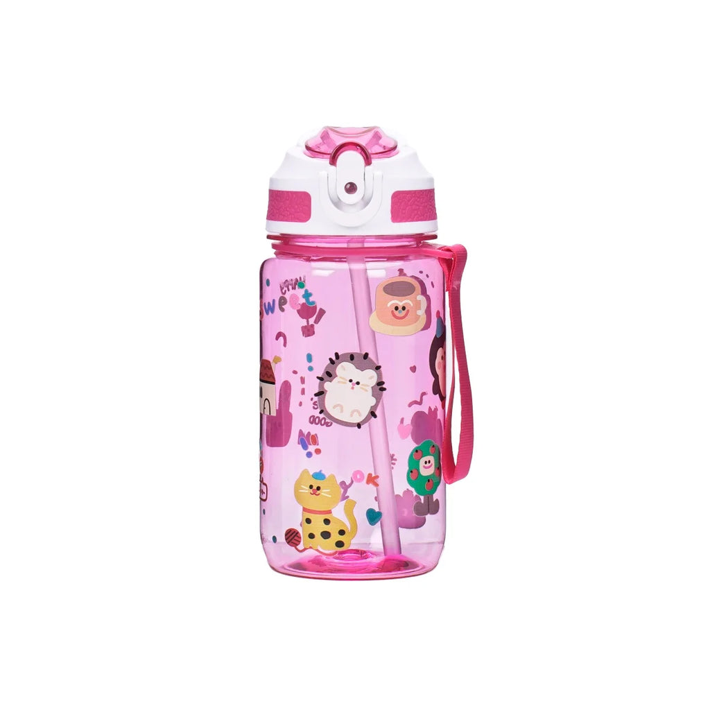 600ml Water Bottle With Straw Leakproof Flip Cap Cute Animal Print Portable Hanging Rope School Outdoor Sports Drinking Plastic