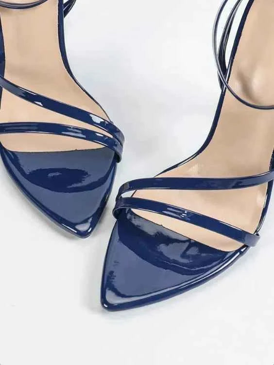 Fashionable Party High Heels Women's Pointed Toe Patent Leather Cross Ankle Strap Sandals Rubber Sole Square Head Shape