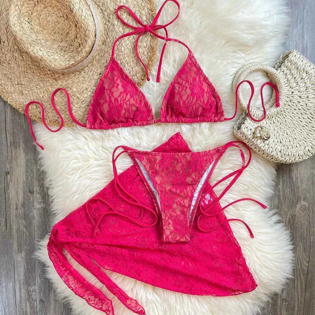 Lace Fabric Three-pieces Swimsuit Set With Sarong Bikini Inspired Women's Swimwear Beachwear Bathing Suit Vacay Outfit Biquini