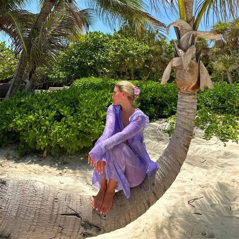 Print Y2K Mesh Long Sleeve Top Shirts Green and Maxi Skirt Bodycon Two Piece Sets Beach Outfits Women Club