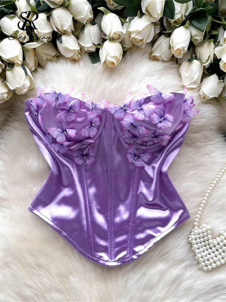 SINGREINY 3D Butterfly Satin Sexy Top European Sleeveless Fishbone Corset 2024 Female Senior Streetwear Hotsweet Strapless