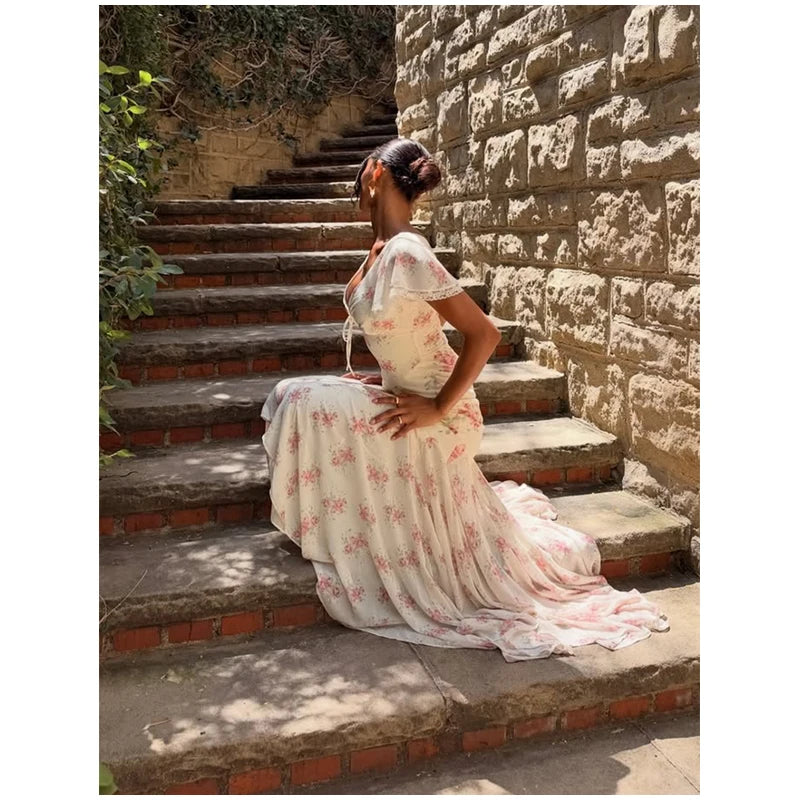 Women Elegant Printed Fishtail Dress Sexy V-neck Short Sleeve Waist-cinching Pleated Slim Maxi Dresses 2026 Lady Vacation Robe