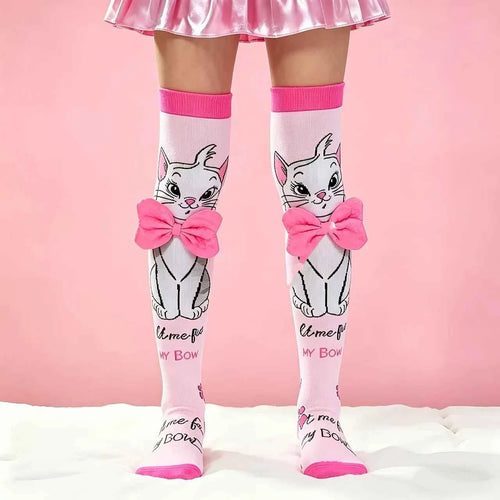 1 pair of cartoon cat girls' knee socks, playful style, high elasticity without straining their legs, with three-dimensional bow