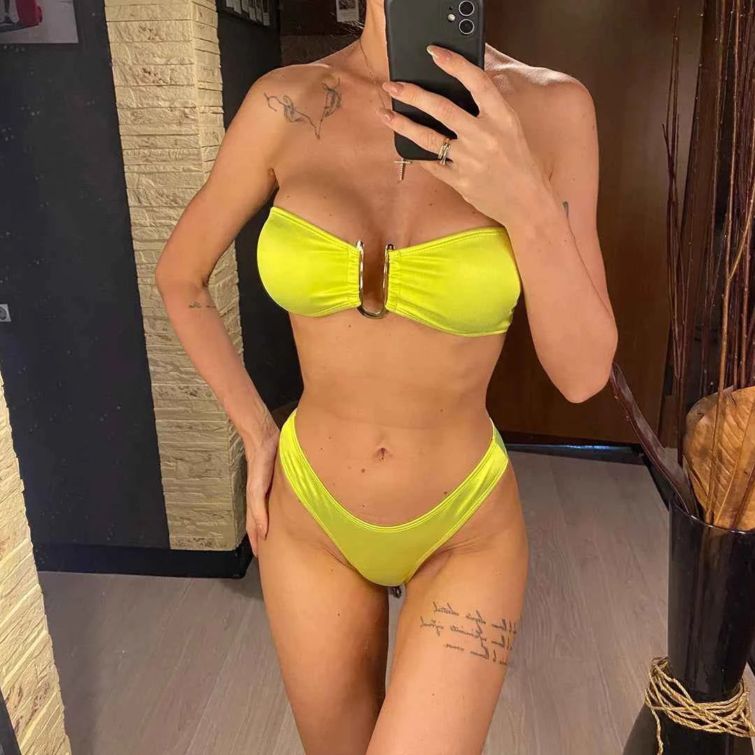 New Sexy Bandeau Strapless Bikini Female Swimsuit Women Swimwear Two-pieces Bikini set Padded Bather Bathing Suit Swim V4647D