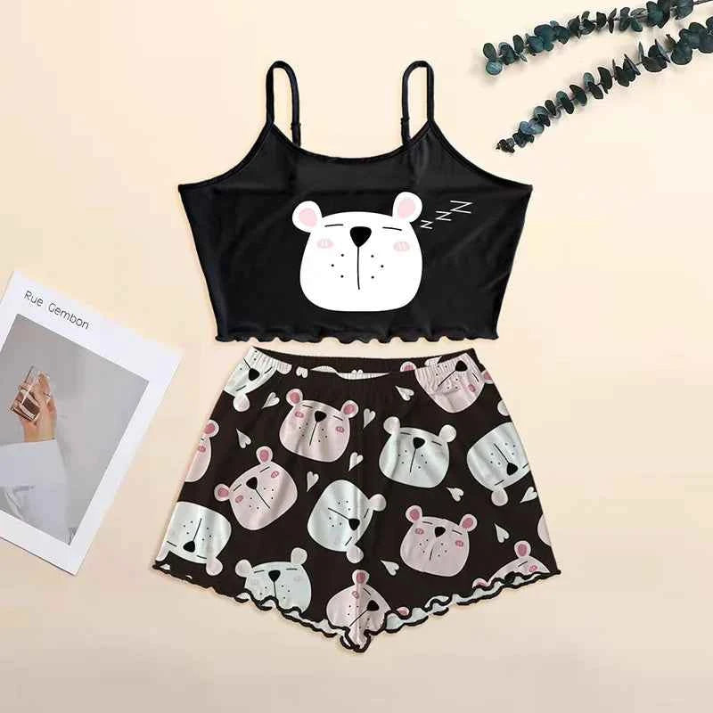 Summer Silk Satin Pyjama Pajamas for Women Sexy Sleepwear Sling Top Shorts Pajama Set Cartoon Pattern Printing 2-Piece Homewear