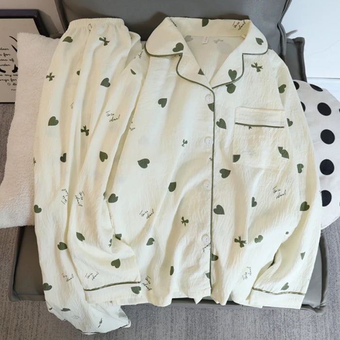 Print Flower Soft Thin Women's Pajama Set Autumn New Casual 2 Pieces Pajama Set Full Length Sleepwear for Sleeping Home Suits
