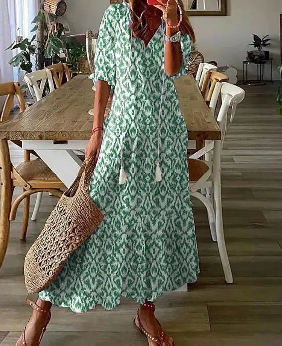 Loose V-neck printed hanging whisker mid sleeve long dress