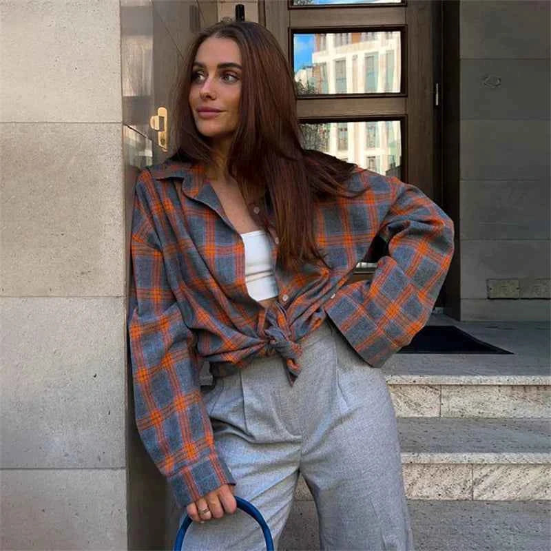 Vintage Plaid Blouse Women Spring Summer Korean Pocket Long Sleeve Lapel Shirt Fashion Streetwear Y2K Clothes 2026 Oversize Tops