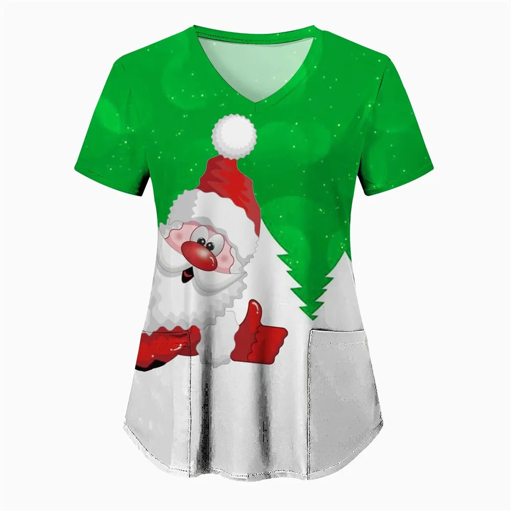 Womens Christmas Nurse T Shirt Print Short Sleeve V Neck Workwear With Pocket Working Nurse Work Wear Overalls Medical Uniforms