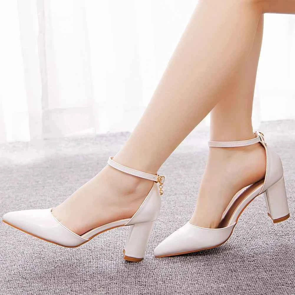 Crystal Queen Women 7CM Thick High Heels Sexy Pumps White Wedding Bride Shoes Pointed Toe Buckle Strap Sandals