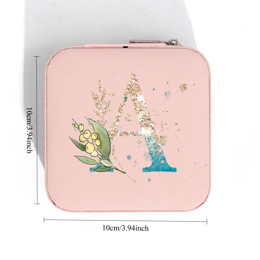 A-Z Alphabet Print Pink Travel Jewelry Organizer with Zipper Closure and Fabric Lining