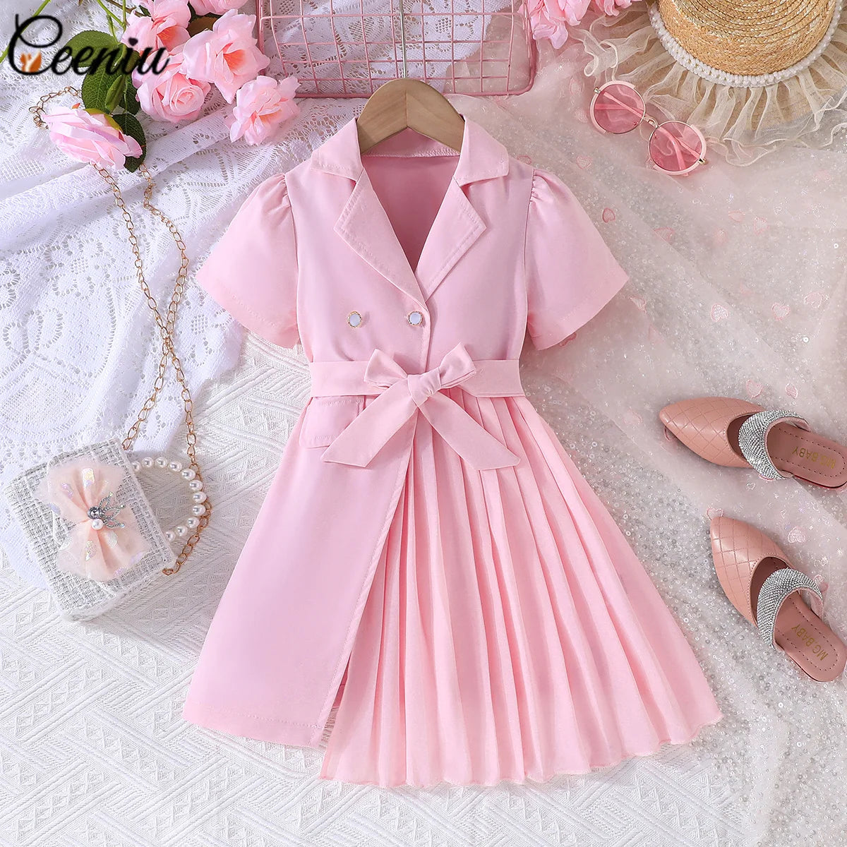 Ceeniu 3-8Y Kid's Jacket Dresses For Girls Lapel Patchwork Frill Blazer Dress For Girls Fashionable Children Clothes Girls