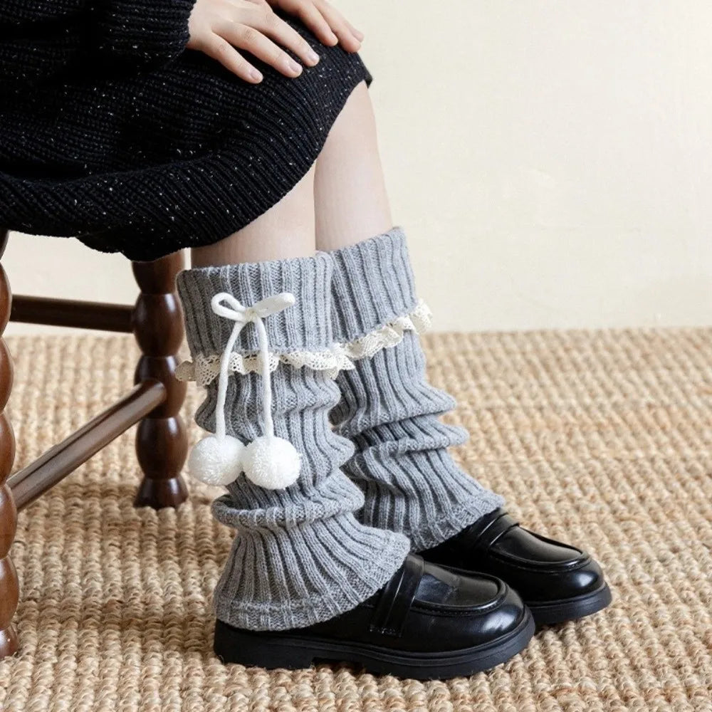New Solid Color Leg Warmers Thickened Lolita Mid-Calf Sock Knitted Bow Pompom Hosiery Autumn and Winter