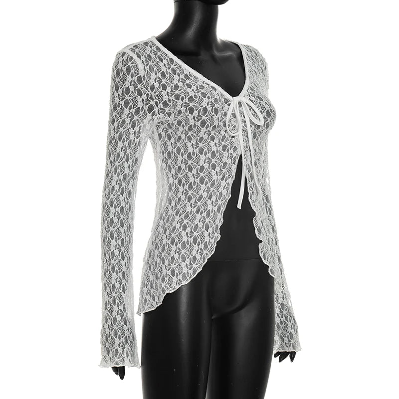 French style pure desire V-neck lace long sleeved shirt, slimming and versatile, long sleeved top