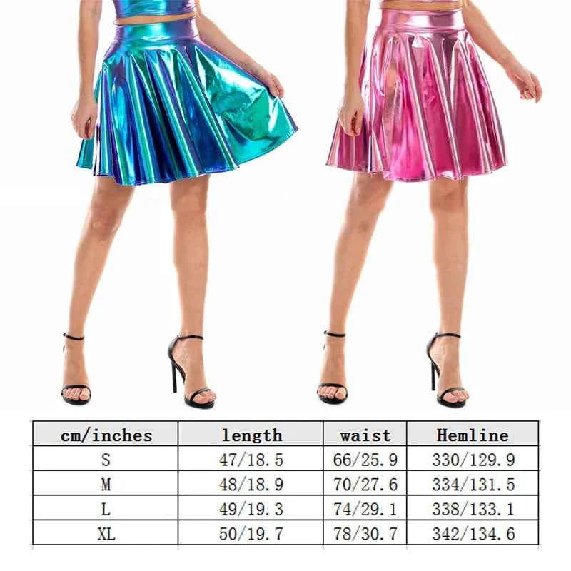 Women Summer Sexy Laser Skirts Mini PU Leather Club Party Dance Shiny Holographic Skirts Harajuku JK Metallic Pleated Skirts