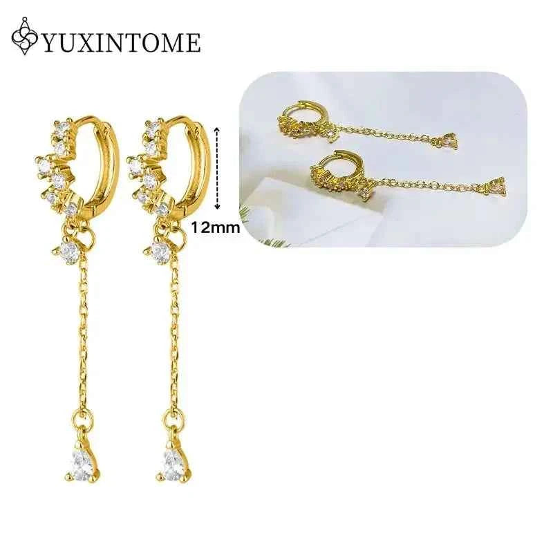 Women's 925 Sterling Silver Ear Needle Crystal Zircon Water Droplets Stud Hoop Gold Huggie Earrings Premium Luxury Party Jewelry