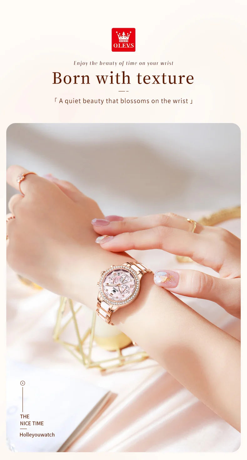OLEVS 9999 Women Watch Brand Original Elegant Waterproof Chronograph Luxury Ceramic Dress Pink Women Quartz Watch Reloj Mujer