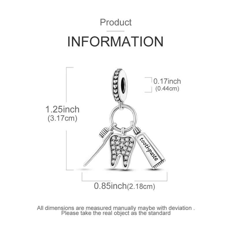 Original 925 Sterling Silver Charms Bead Toothbrush Pendant Tooth Bead Fit Original Bracelet For Women DIY Jewelry Gift