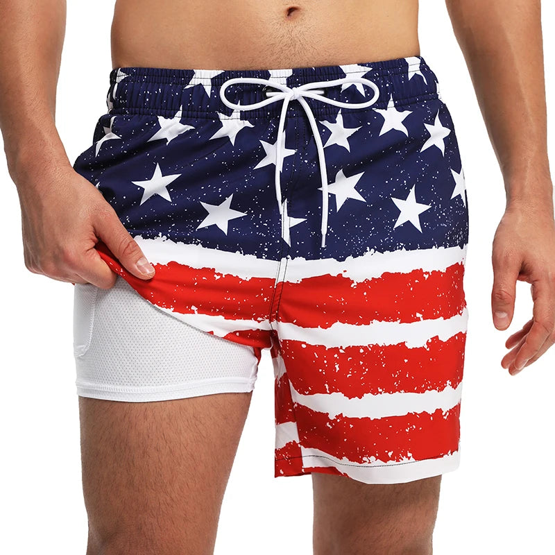 ESCATCH 2026 Summer New Arrival Mens Shorts 2 in 1 Quick Dry Gym Printing Swim Trunks Beach Side Zipper Pockets Swimsuit