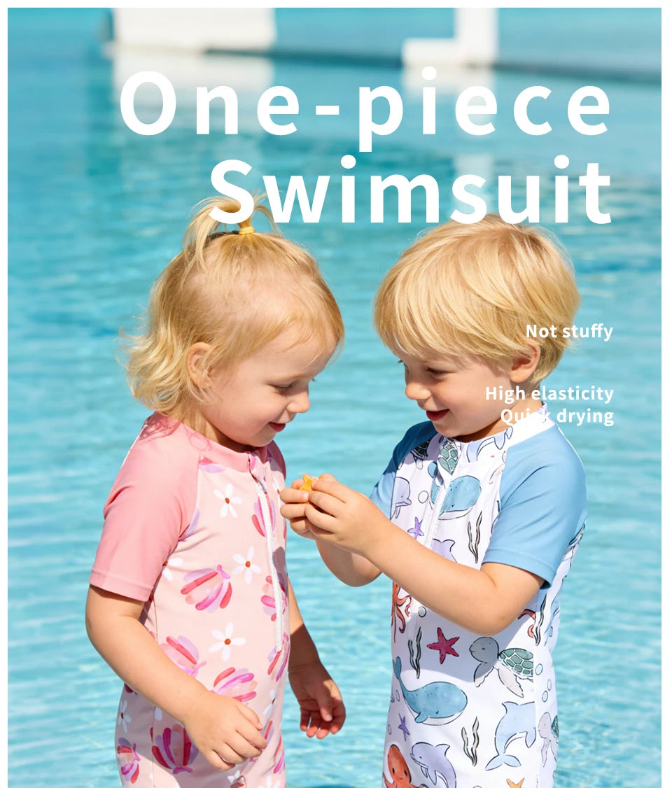 Happyflute Kids Short Sleeve One-Piece Swimsuit Quick Dry Toddler Summer Rash Guard with Shorts ，Sun Protection Suit