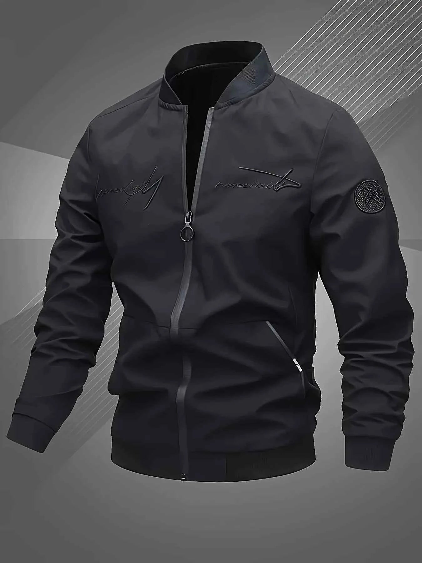 Trendy men's alphabet embroidered bomber jacket - stylish design, versatile casual style
