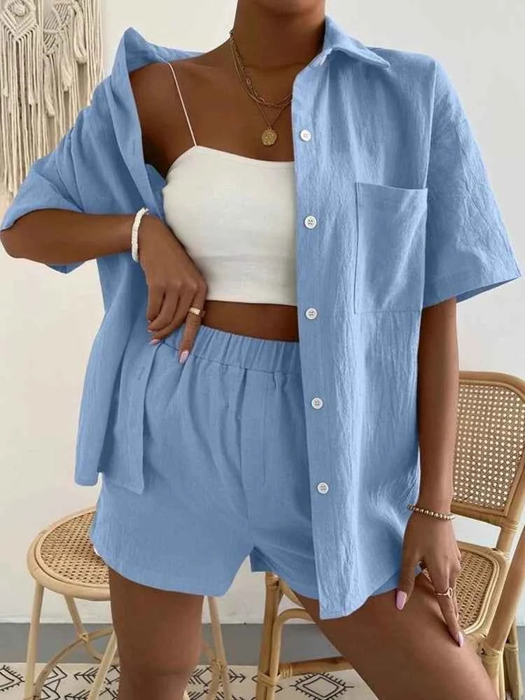 Women's Cotton Suit  Short Sleeve Casual Elegant Green Soild Two Piece Set Women Outfit Suit Shorts and Shirt for Women