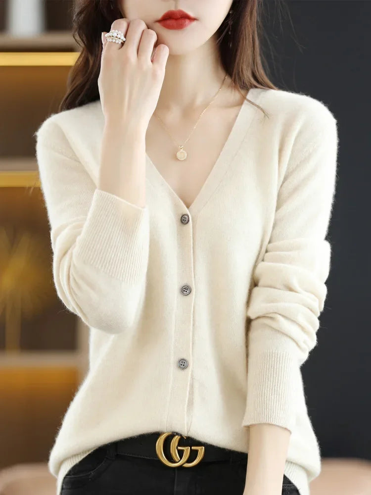 Women Cardigans V-neck Long Sleeve Knitted Outerwear Solid Thin Spring Autumn Sweaters Knitwears Korean Fashion Red Cardigans