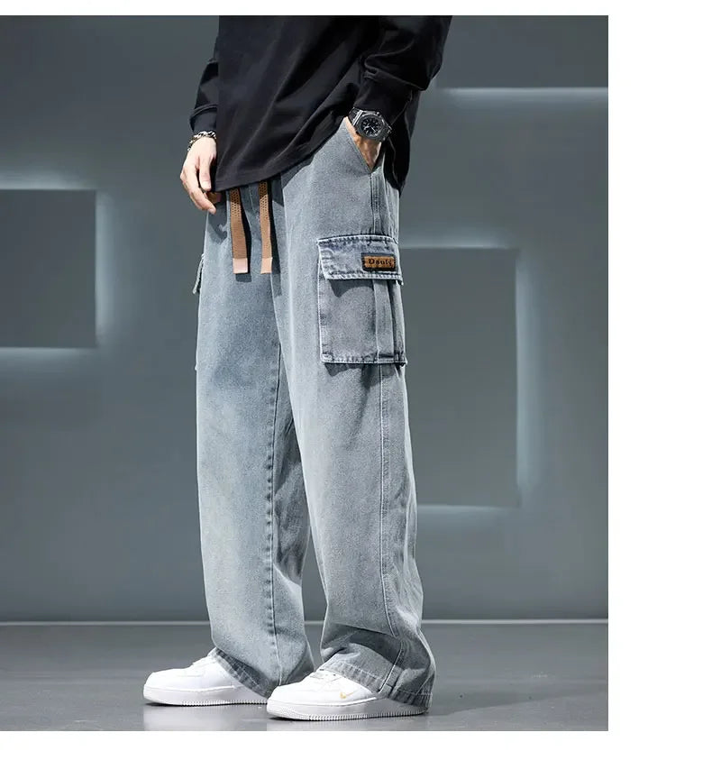 2026 New Wide Leg Washing Jean Pants Men Trousers Neutral Solid Color Loose Casual Fashion Pocket Cargo Pants Big Size 8XL