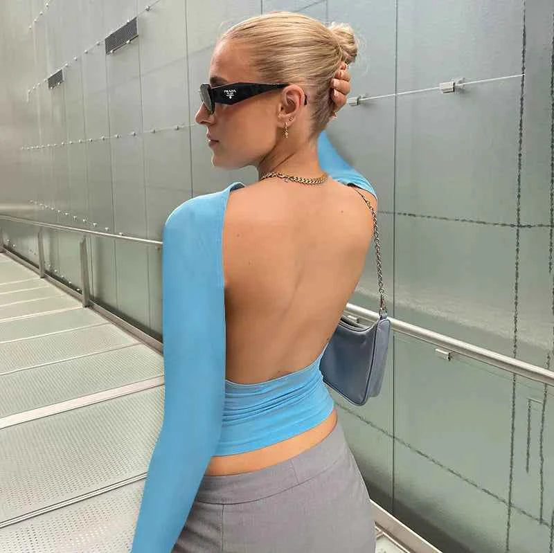 Backless Short Sleeve Blue Y2K Crop Top Women Casual O Neck  Summer T Shirts Sexy Vintage Cut Out