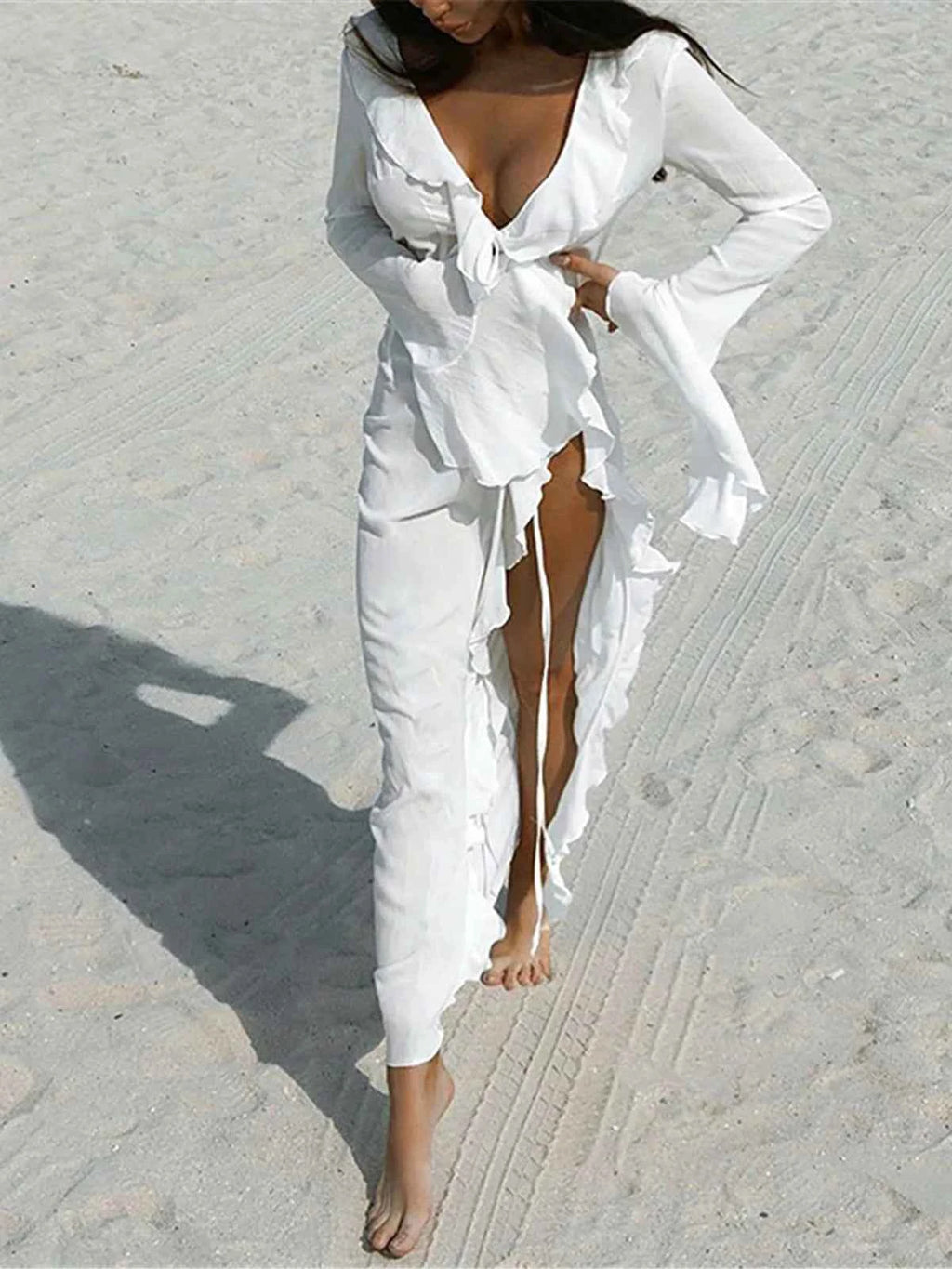 Women's V Neck Ruffled Long Sleeve Dress Chiffon Tunic Beach Cover Up Cover-ups Beach Dress Sunscreen Beachwear Vacation V5976B