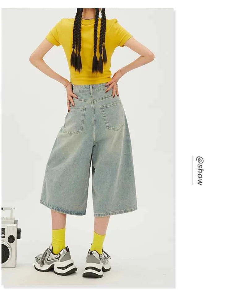 Fashion Harajuku Vintage High Waist 2000S Blue Denim Shorts Women's Casual Loose Fit Y2K Punk Streetwear Style Baggy Shorts
