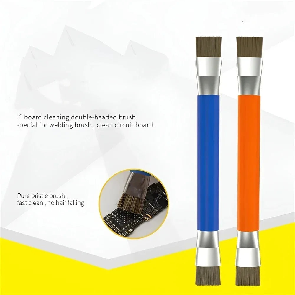 Safe double-ended brush circuit board repair for integrated circuit chips, cleaning of mobile phone/computer motherboards
