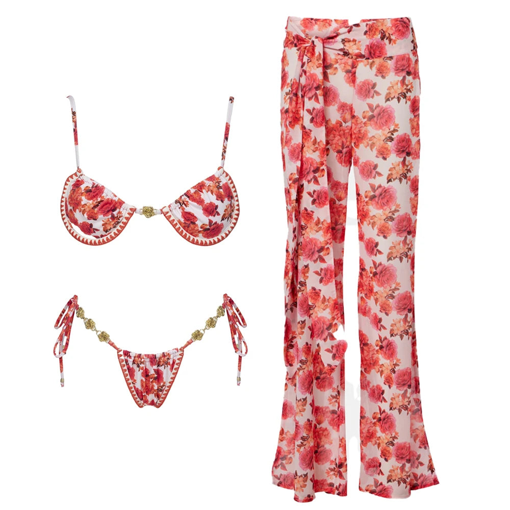 Print Bikini Swimsuit and Cover Up Bikini Set Women Sexy Lace Swimwear High Leg  Bathing Suit Beachwear Biquini