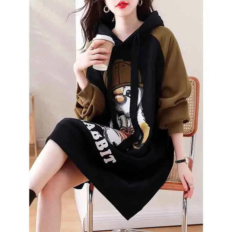 Winter Women Clothing Oversized Cartoon Fleece Dress New Hooded Drawstring Thicken Warm Female Casual Midi Long Sleeve Dresses