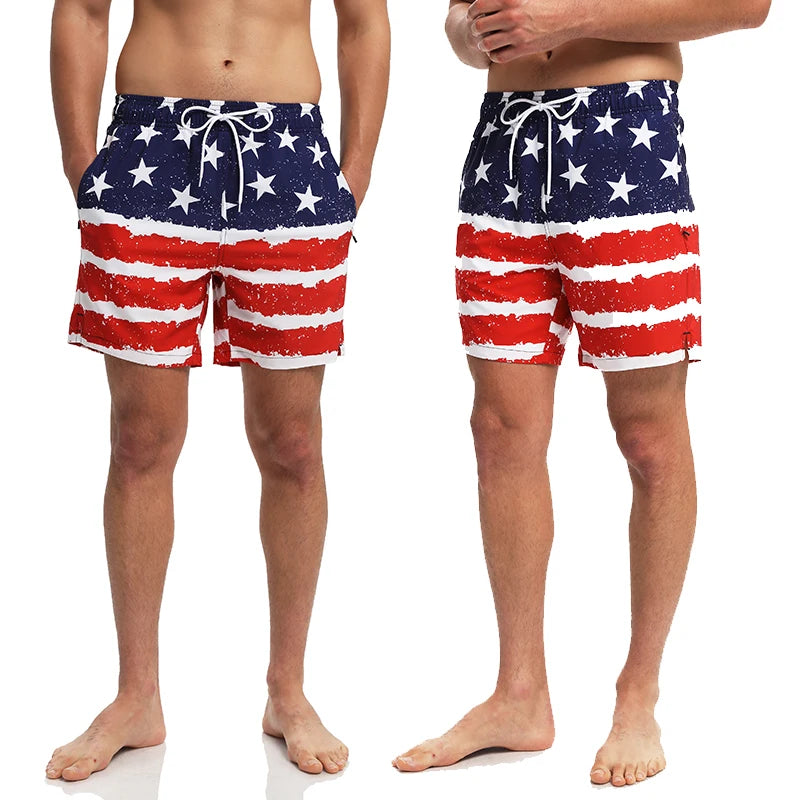 ESCATCH 2026 Summer New Arrival Mens Shorts 2 in 1 Quick Dry Gym Printing Swim Trunks Beach Side Zipper Pockets Swimsuit