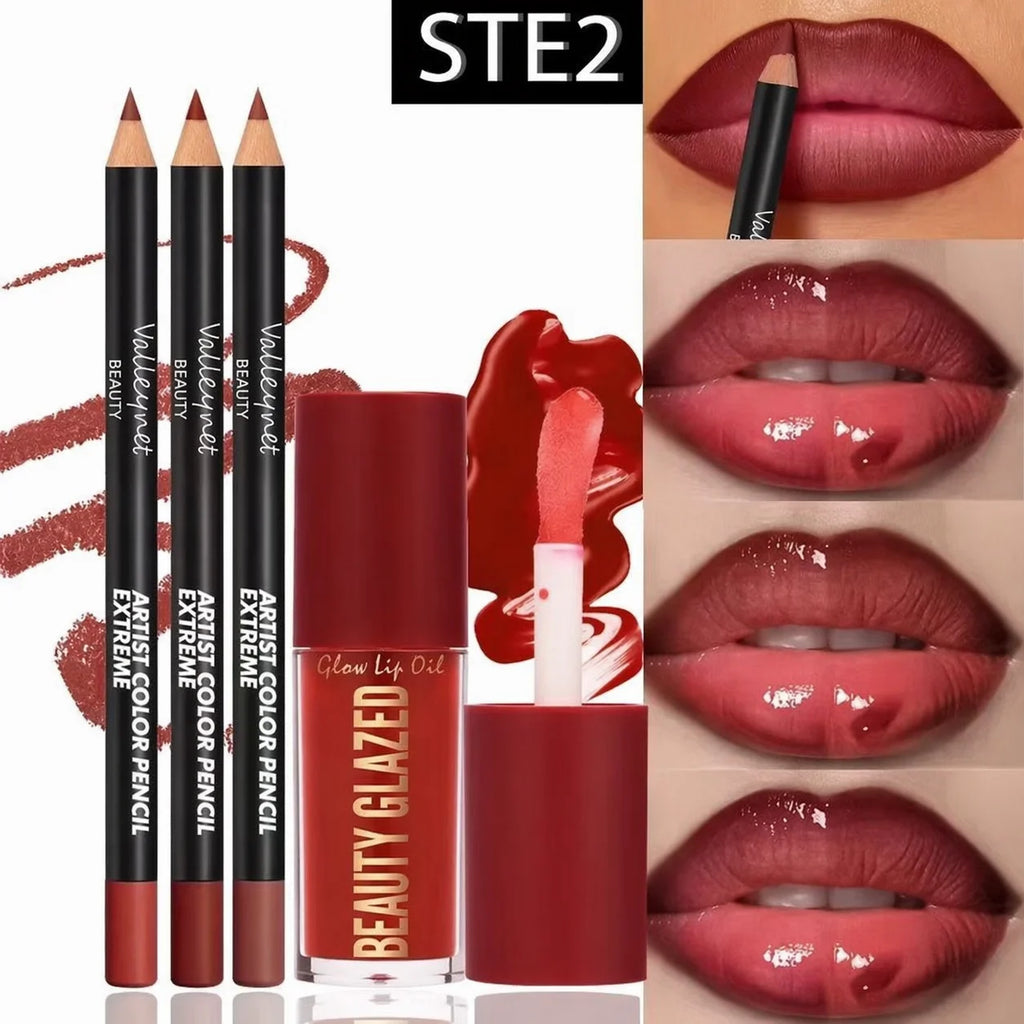 4pcs Lip Kit Set-3pcs Lip Liner+1pc Lip Glaze, Waterproof&Long-Lasting Matte Effect,Versatile for Casual & Formal Occasions,