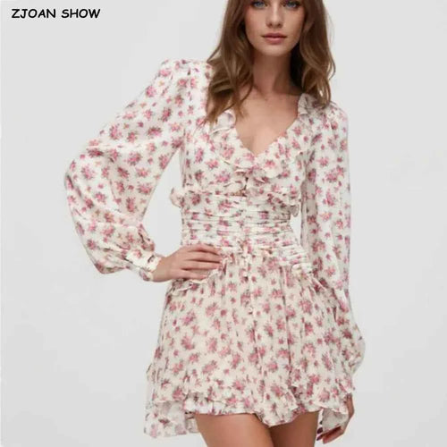 2025 Women White Pink Flower Print Puff Long Sleeve Dress Open Buttons Wood ears Ruffles Hem Mini Shirt Dresses Holiday Robe