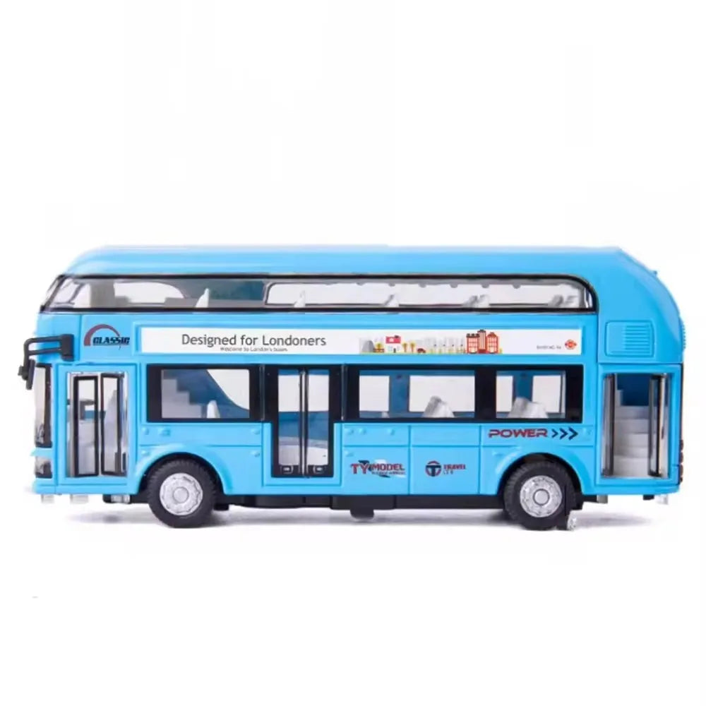1/36 Scale Double Decker Bus Toy Car Model Alloy Diecast Sound Light Pull Back Doors Opened Vehicles Collectibles Birthday Gift