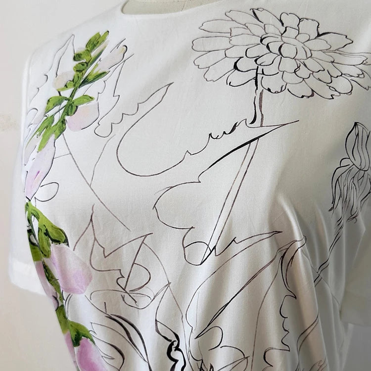 Seifrmann printed white background poplin dress 2025 autumn round neck short sleeved waist cinched long skirt belt dress
