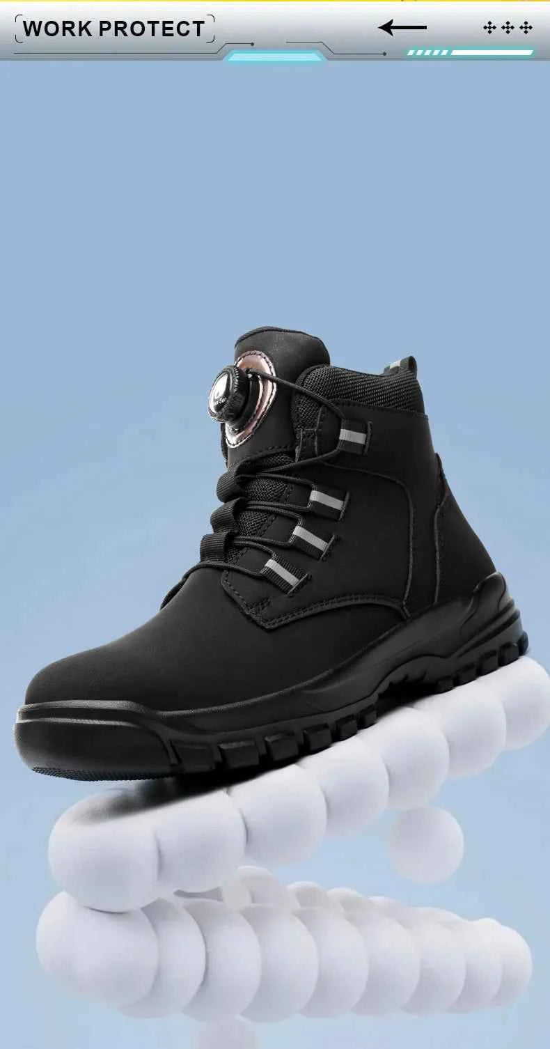 Leather Non Slip Work Boots for Men Rotating Button Safety Shoes Steel Toe Sneaker Male Puncture Proof Protective Boots
