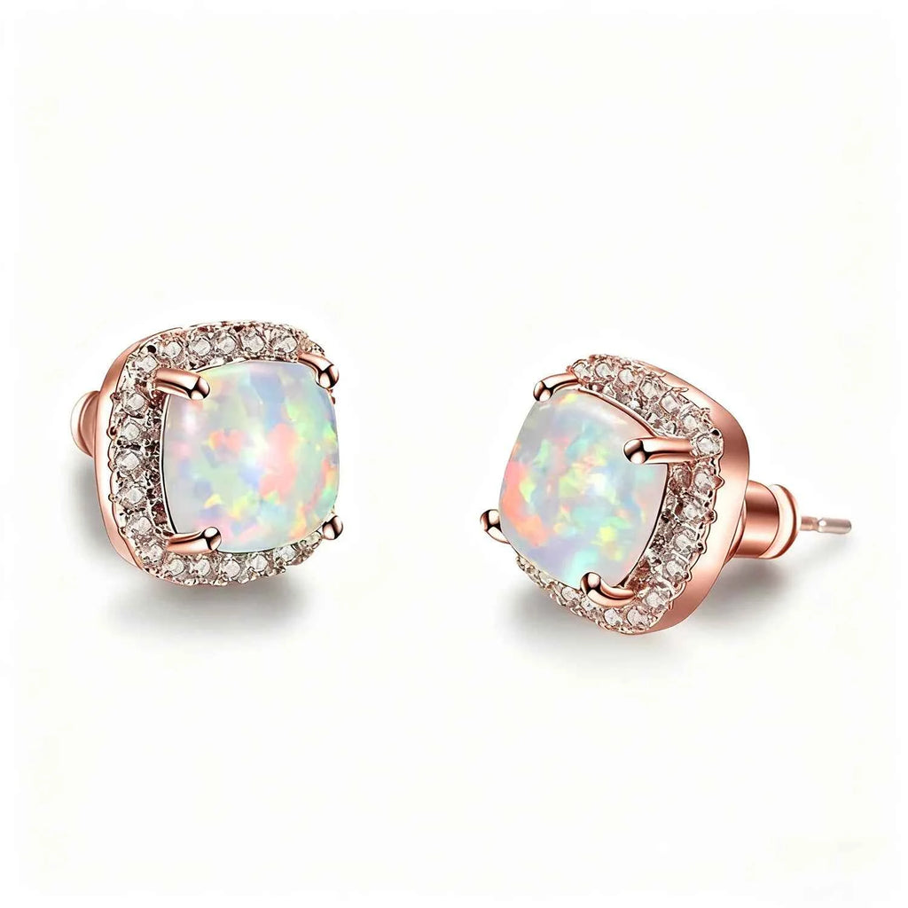 Multi-Color Available Opal Stone & Zirconia Earrings,Elegant Square Opal Studs,Silver Color Daily Luxury Jewelry,Gift for Women